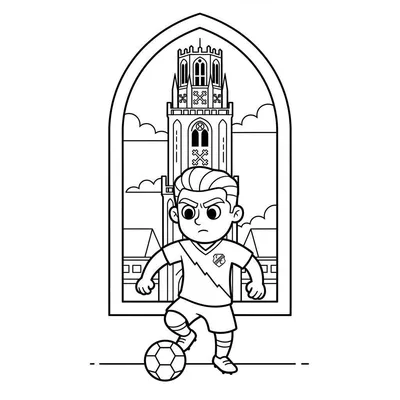 Zwart-wit kleurplaat van een cartoonjongen in FC Utrecht shirt met voetbal, staand voor een gotische toren (Domtoren) onder een grote boog. De jongen heeft een geconcentreerde uitdrukking.
