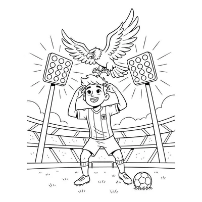 Kleurplaat van een lachende jonge voetballer in Go Ahead Eagles tenue die juicht onder een vliegende adelaar in een voetbalstadion, met stadionlampen en een voetbal op het gras.