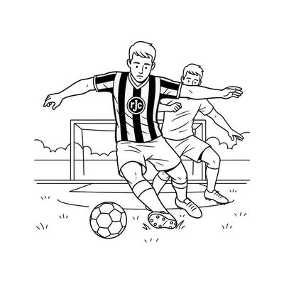 Zwart-wit lijntekening van twee voetballers op een grasveld. De voorste speler draagt een gestreept Roda JC shirt met 'rjc' logo en dribbelt de bal. De achterste speler in effen shirt verdedigt. Op de achtergrond staat een voetbaldoel.