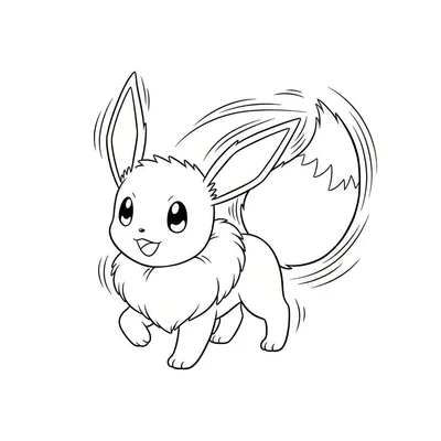 Zwart-wit kleurplaat van een vrolijk lopende of draaiende Eevee met pluizige kraag en staart.