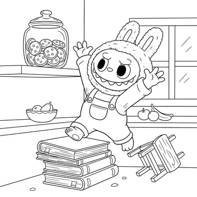 Kleurplaat van Labubu, een konijnachtig figuur in tuinbroek, dat op een stapel boeken klimt om een pot met koekjes op een plank te bereiken, met fruit en een omgevallen krukje in de keuken.