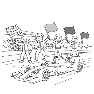 Kleurplaat van een F1 race winnaar die feestviert met vier kinderen en vlaggen op de baan, met een juichend publiek op de tribune.