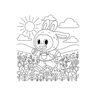 Kleurplaat van een vrolijk, Labubu-stijl konijntje in tuinbroek dat huppelt door een bloemenveld vol madeliefjes, tulpen en klokjesbloemen, onder een zonnige hemel met wolken.