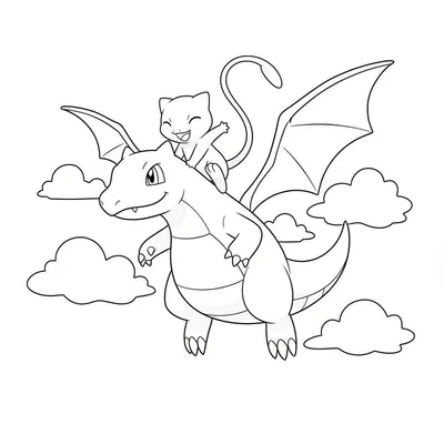 Zwart-wit lijntekening kleurplaat van de draakachtige Pokémon Charizard die de katachtige Pokémon Mew op zijn rug draagt, vliegend tussen gestileerde wolken.