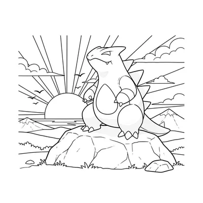 Kleurplaat van Tyranitar op een rots in een landschap met bergen, water, en een stralende zon met vliegende vogels.