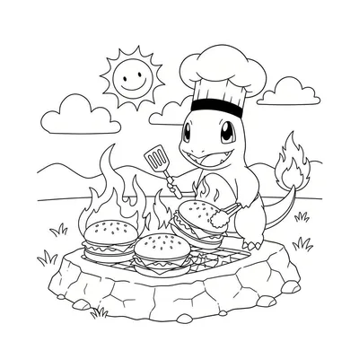 Kleurplaat van een vrolijke Charmander als chef-kok, die hamburgers grilt op een stenen barbecue, met een lachende zon, wolken en gras op de achtergrond.