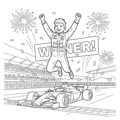Kleurplaat: Blije Formule 1 Red Bull coureur springt van vreugde na overwinning, met auto, juichende fans, confetti en vuurwerk.