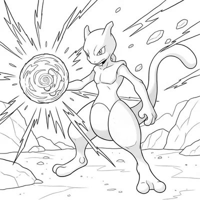 Zwart-wit lijntekening van Pokémon Mewtwo die een spiraalvormige energiebal oplaadt. Mewtwo staat in een krachtige, dynamische pose met smalle, intense ogen, en is omringd door vage rotsformaties, klaar om ingekleurd te worden.