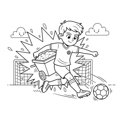 Roda JC voetbal kleurplaat met een jongen in voetbaltenue die een bal trapt richting een doel, met een kruiwagen en twee vrolijke wolkjes op de achtergrond.