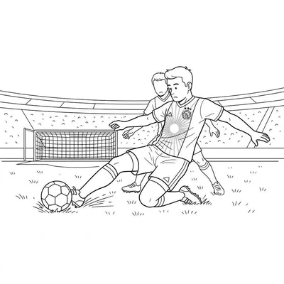 Zwart-wit kleurplaat van een Ajax voetballer die de bal schiet op een voetbalveld in een stadion, met een teamgenoot en doel op de achtergrond.