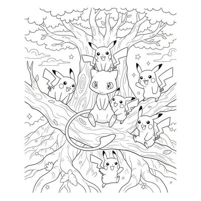 Zwart-wit kleurplaat van Mew centraal op een dikke boomstam, omringd door zes vrolijke Pikachu's op takken en wortels. De boom heeft gedetailleerde schors en op de achtergrond zijn wolken en sterretjes te zien. Klaar om in te kleuren.