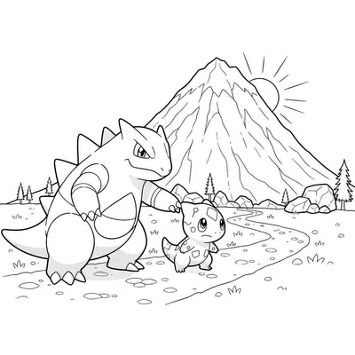 Een kleurplaat met Nidoqueen die beschermend kijkt naar een kleine Larvitar op een kronkelend pad. Op de achtergrond is een grote puntige berg te zien met een opkomende zon en verspreide dennenbomen en rotsen.
