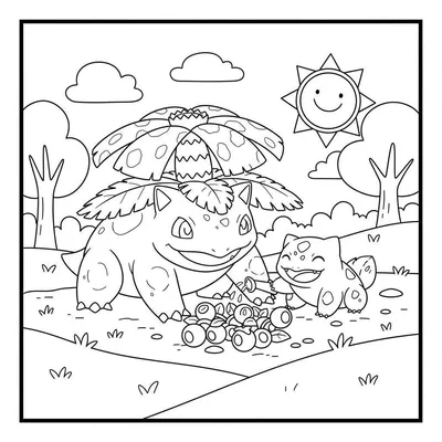 Kleurplaat van een vrolijke Ivysaur en Bulbasaur die samen op de grond zitten naast bessen in een natuurlijke omgeving met heuvels, bomen en een lachende zon.
