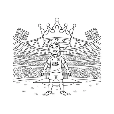 Zwart-wit kleurplaat van een lachende jongen in een JINC voetbalshirt, staand op grasveld in een Excelsior stadion met juichende fans en zwevende kroon.