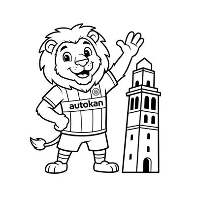 Zwart-wit kleurplaat van een vrolijke FC Groningen leeuw mascotte in voetbaltenue, zwaaiend, naast een hoge toren die lijkt op de Martinitoren.
