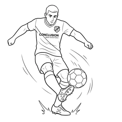 Zwart-wit kleurplaat van een geconcentreerde FC Utrecht voetballer in actie, dribbelend of trappend met een voetbal, met 'CONCLUSION' op zijn shirt en dynamische bewegingslijnen.
