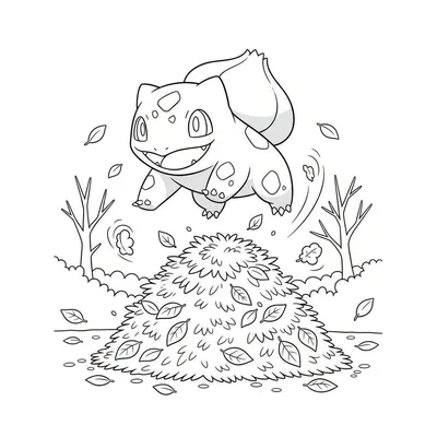 Zwart-wit kleurplaat van Bulbasaur die vrolijk uit een hoop herfstbladeren springt, met kale bomen op de achtergrond. Beweging wordt gesuggereerd door vliegende bladeren.