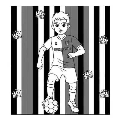Zwart-wit kleurplaat van een jonge voetballer in een NEC-Nexperia shirt, met zijn linkervoet op een voetbal. Op de gestreepte achtergrond zweven zeven witte kronen.
