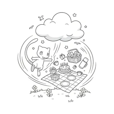 Zwart-wit kleurplaat van Mew die vrolijk zweeft boven een picknicktafereel met verjaardagstaart, cadeautjes en een wolk met vogels en sterren.