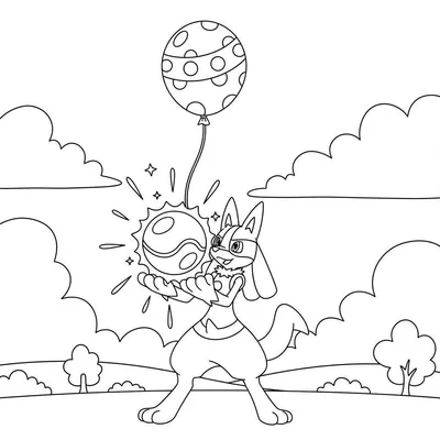Kleurplaat van Lucario die een Aura Sphere vasthoudt met een ballon erboven, in een open landschap met bomen en wolken.