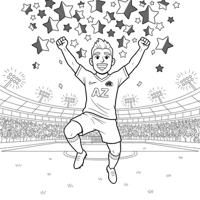 Zwart-wit kleurplaat van een juichende AZ voetballer die in een stadion met publiek omhoog springt, omringd door vallende sterren.