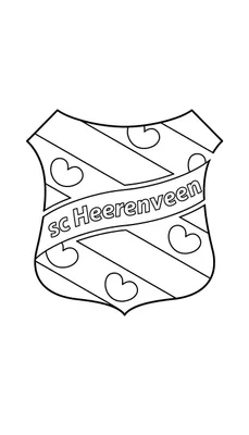 Zwart-wit lijntekening van het SC Heerenveen clublogo, een schild met diagonale strepen, pompeblêden en een banderol met "sc Heerenveen", klaar om in te kleuren.