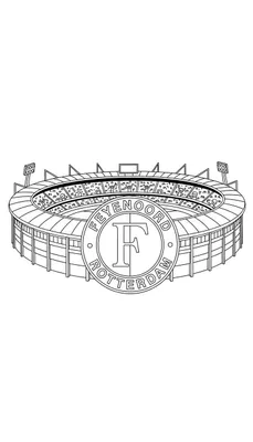 Kleurplaat van het Feyenoord stadion De Kuip met tribunes, lichtmasten en een groot Feyenoord logo met de tekst 'FEYENOORD ROTTERDAM' en de letter 'F'.