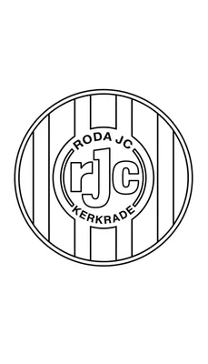 Zwart-wit kleurplaat van het Roda JC Kerkrade voetbalclublogo, met verticale strepen en de teksten "RODA JC", "rjc", en "KERKRADE".