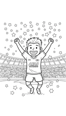 Kleurplaat van een juichende jongen in AZ voetbaltenue met Under Armour en AFAS logo's, op een voetbalveld voor een stadion vol lachende smileys en een voetbaldoel.