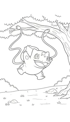 Zwart-wit kleurplaat van een vrolijke Bulbasaur die aan ranken uit zijn rug zwaait, hangend aan een boom boven een grasrijke grond met stenen.