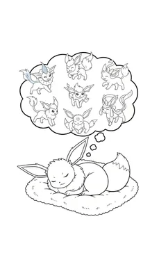 Zwart-wit kleurplaat van een slapende Eevee die droomt over al zijn evoluties (Vaporeon, Flareon, Jolteon, Espeon, Umbreon, Leafeon, Glaceon, Sylveon) in een gedachtewolkje.