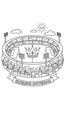 Zwart-wit kleurplaat van Excelsior Rotterdam voetbalstadion met kroon op veld, juichende kinderen met vlaggen, spandoek en lachende zon.