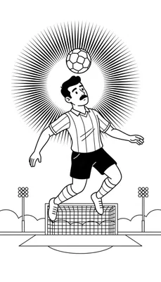 Zwart-wit kleurplaat van een Sparta Rotterdam voetballer met snor die in de lucht springt op de dwarsligger van een voetbaldoel om een zwevende voetbal te koppen, met stralenkrans en stadionachtergrond.