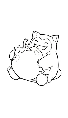 Lachende Snorlax, de Pokémon, zit en omhelst een enorme tomaat met hapjes, in de stijl van een zwart-wit lijntekening kleurplaat.