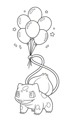 Vrolijke Bulbasaur kleurplaat met zes zwevende ballonnen, sterretjes en confetti, Bulbasaur glimlacht.