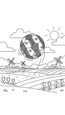 Zwart-wit kleurplaat met een grote voetbal in beweging met hartjes, omringd door een Fries landschap met windmolens, tulpen, heuvels, zon en wolken. Thema: SC Heerenveen.