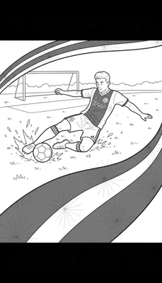 Kleurplaat van een Ajax-voetballer in actie, makend een sliding om de bal te raken. Hij draagt een tenue met Ziggo-logo en de drie Ajax-kruisjes. Op de achtergrond staat een voetbaldoel en gestileerde bewegingslijnen.