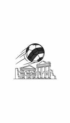 Lijntekening van een voetbal die met snelheid over de ruïnes van een antieke poort en een klassieke tempel zweeft, met een NEC-thema.