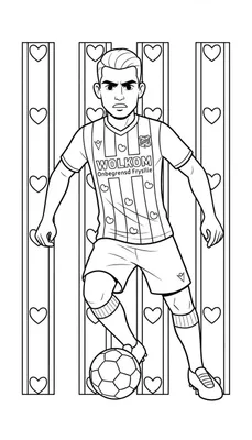 Zwart-wit kleurplaat van een SC Heerenveen voetballer in gestreept tenue met 'WOLKOM Onbegrensd Fryslie' en clublogo, dribbelend met de bal, omringd door harten op de achtergrond.
