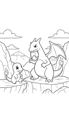 Zwart-wit kleurplaat van Charmander en Charizard in een berglandschap. Charmander staat links op een rots, Charizard staat rechts op een hogere klif en wijst naar Charmander.