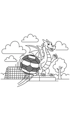 Kleurplaat van een vrolijke, cartoonachtige draak die voetbalt voor FC Den Bosch, met een voetbaldoel, boom en wolken op een voetbalveld.