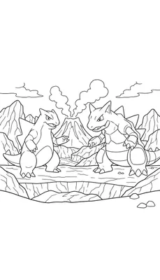 Zwart-wit kleurplaat van een Tyranitar en een Aggron die tegenover elkaar staan in een vulkanisch berglandschap, met een rokende vulkaan op de achtergrond en een kloof tussen hen in.
