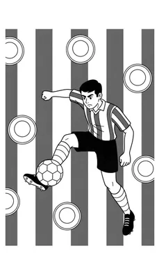 Kleurplaat van een Sparta Rotterdam voetballer in actie. De speler draagt een gestreept wit-zwart shirt en dribbelt met een voetbal aan zijn linkervoet. De achtergrond heeft verticale wit-zwarte strepen en witte cirkels.