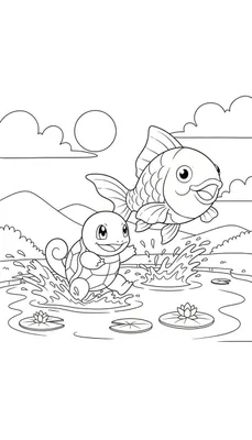 Zwart-wit kleurplaat van een vrolijke Squirtle die door het water rent en spat, met een lachende vis die naast hem uit het water springt. Op het water drijven waterlelies en op de achtergrond zijn glooiende heuvels, wolken en een ronde zon of maan te zien.