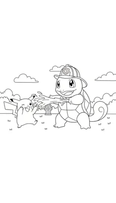 Kleurplaat van Squirtle met brandweerhelm die vrolijk water spuit naar een lachende en knipogende Pikachu. Op de achtergrond is een brandkraan en wolken te zien.