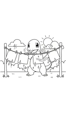 Kleurplaat van Pokémon Squirtle die vrolijk de was ophangt aan een waslijn met wasknijpers, met regenwolken en zon op de achtergrond en gras op de grond.
