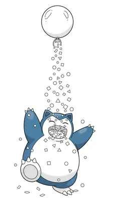 Kleurplaat van een blije, enthousiaste Snorlax met gesloten ogen, die geometrische vormen (cirkels, vierkantjes, driehoekjes) vangt die uit een ballon vallen. De vormen vallen in zijn mond, op zijn buik en rondom hem.