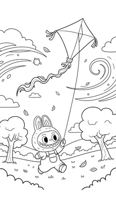 Kleurplaat van Labubu, een schattig konijn-achtig figuur met lange oren en tuinbroek, dat met een brede lach een vlieger oplaat op een winderige herfstdag met vliegende blaadjes, heuvels en bomen op de achtergrond.
