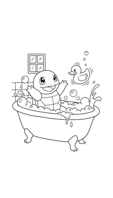 Kleurplaat: Vrolijke Squirtle neemt een bad vol zeepbellen met een lachende mond en armen omhoog, naast een badeendje in een badkuip. Achtergrond met betegelde muur en raam.