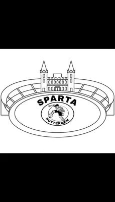 Zwart-wit lijntekening van het Sparta Rotterdam logo met 'Het Kasteel', stadion, voetballer en de teksten 'SPARTA' en 'ROTTERDAM'.